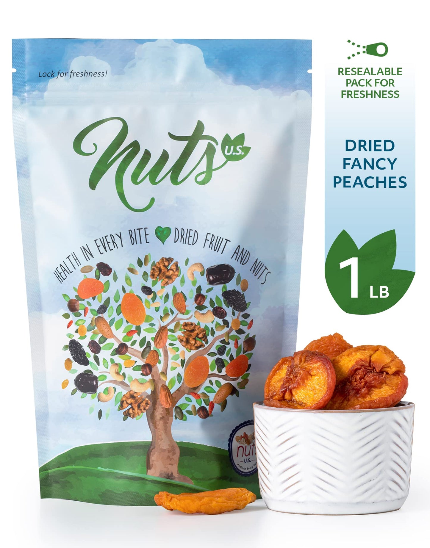 NUTS - U.S. Dried Fancy Peaches | Natural Snack | Vegan, Gluten Free | 1 LB Resealable Bag