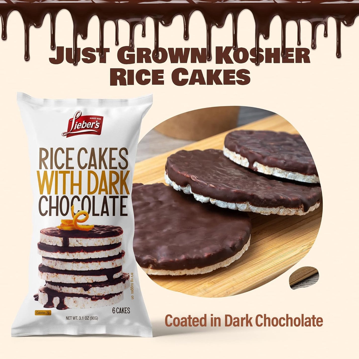 Liebers Dark Chocolate Rice Cakes, Kosher Certified Dairy Free, Gluten Free Snack (Dark Chocolate) Pack Of 3
