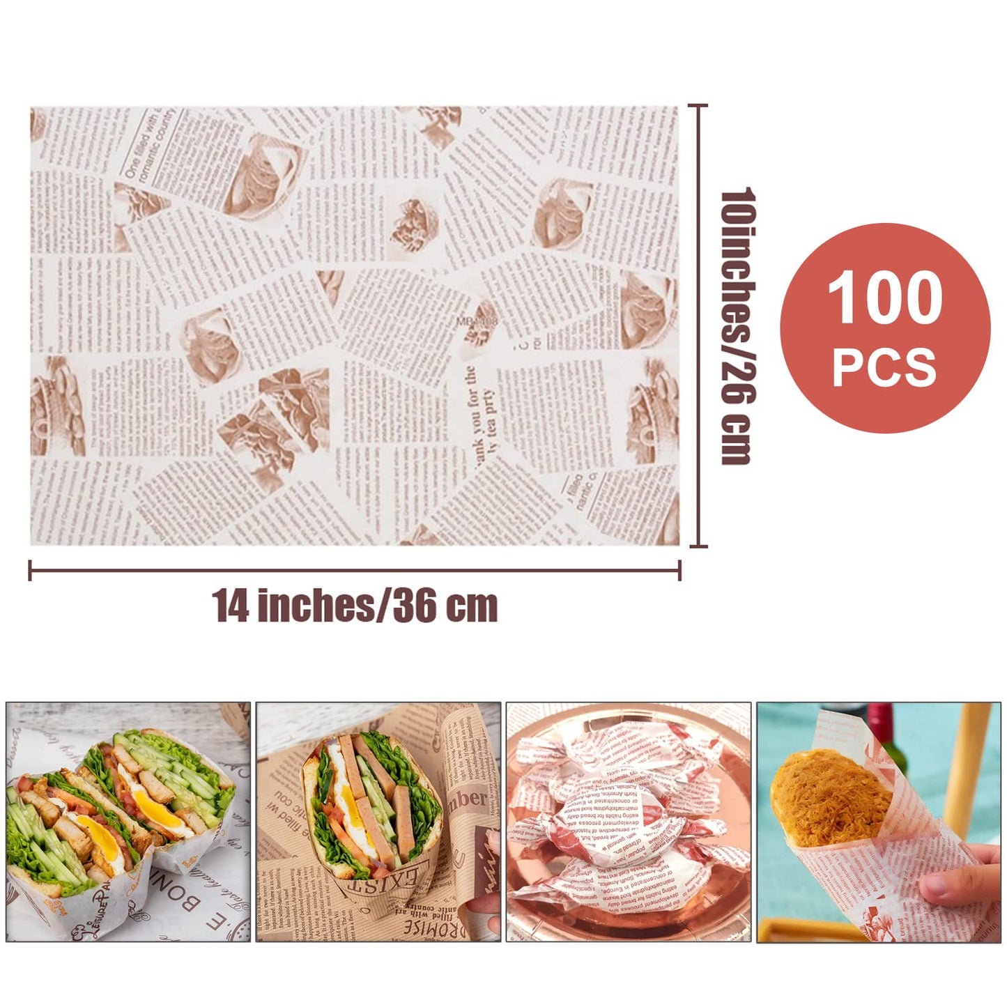 La Llareta 100 Sheets Deli Paper, 14 * 10 Inch Sandwich Wrapping Paper, Food Wrapping Paper, For Breads, French Fries, Sandwiche