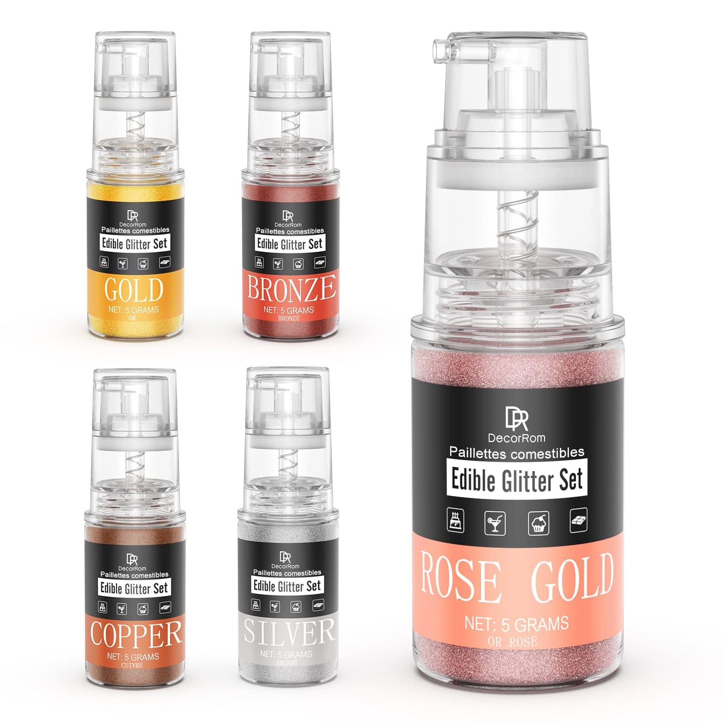 DecorRom Luster Dust Edible Set - 5 Food Grade Shimmer Powders in Spray Bottles - 5 Colors - Gold