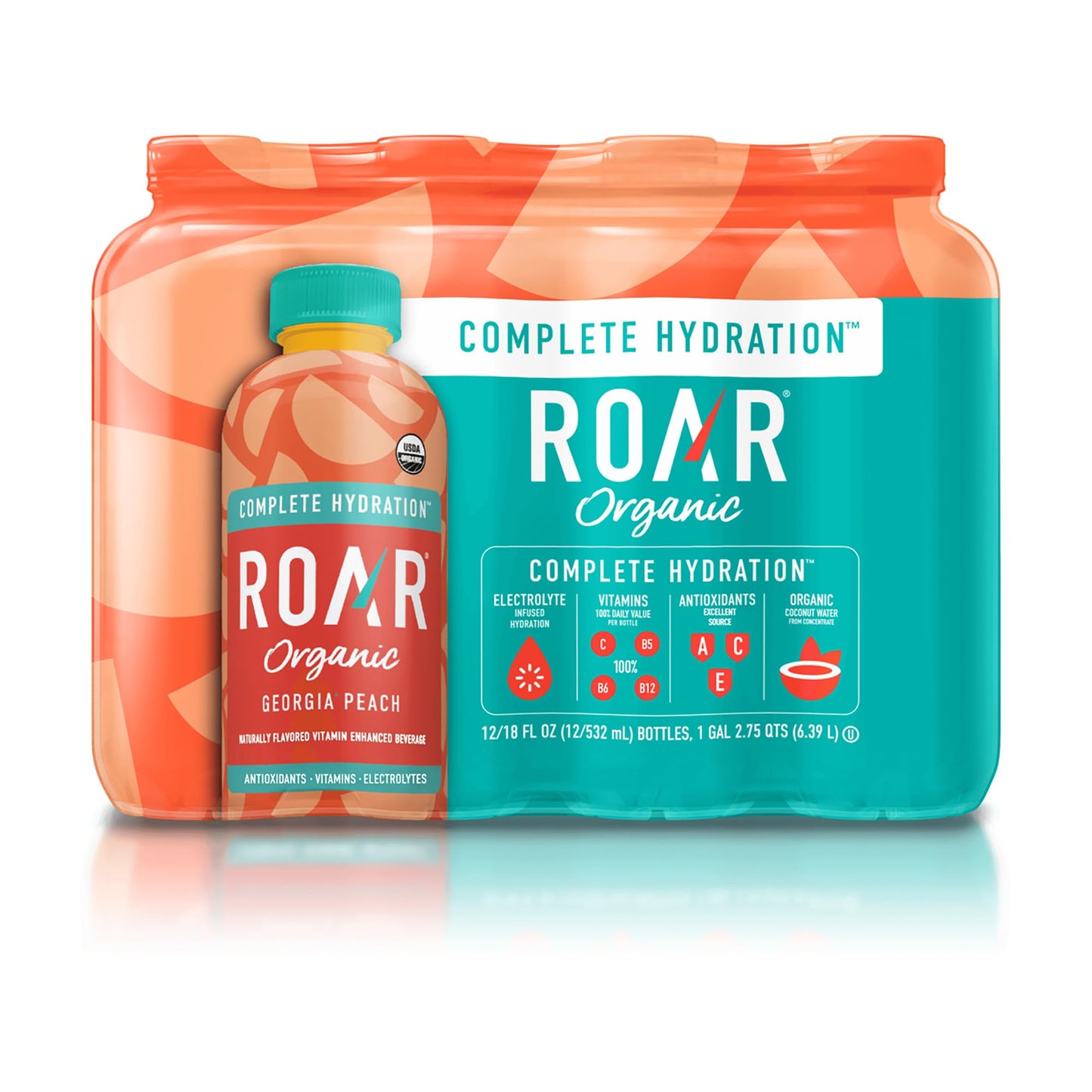 Roar Complete Hydration Organic - Electrolyte Drinks Loaded With Vitamins C, B5, B12 - Non-Gmo, Gluten-Free - Georgia Peach - 12 Pc