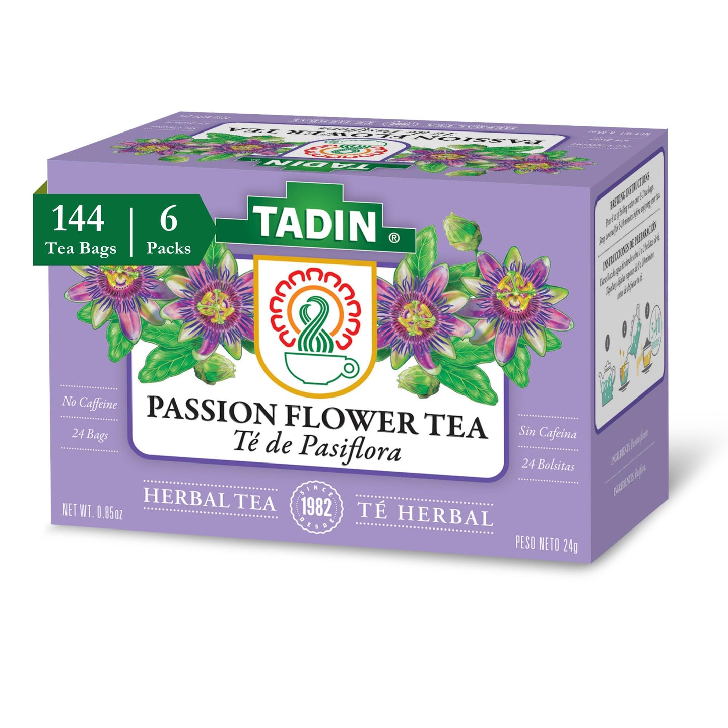 Tadin Passion Flower Herbal Tea, Caffeine-Free, 24 Tea Bags, Pack of 6