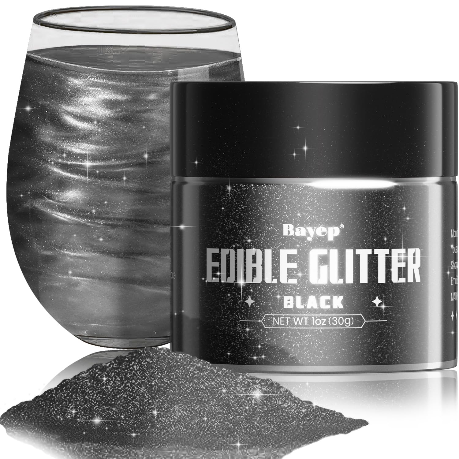 bayep Shimmer Black Edible Glitter for Drinks and Cakes, 30g Luster Dust for Party Supplies