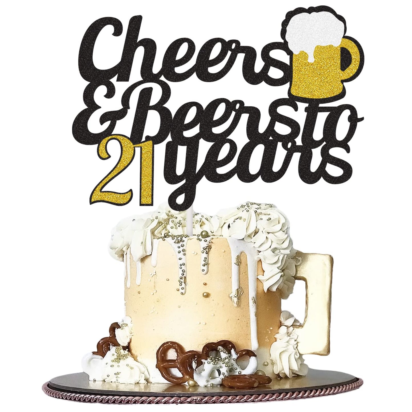 Cheers To 21 Years Cake Topper, Happy 21St Birthday Cake Topper, 21Th Anniversary Birthday Party Supplies Black And Gold Glitter