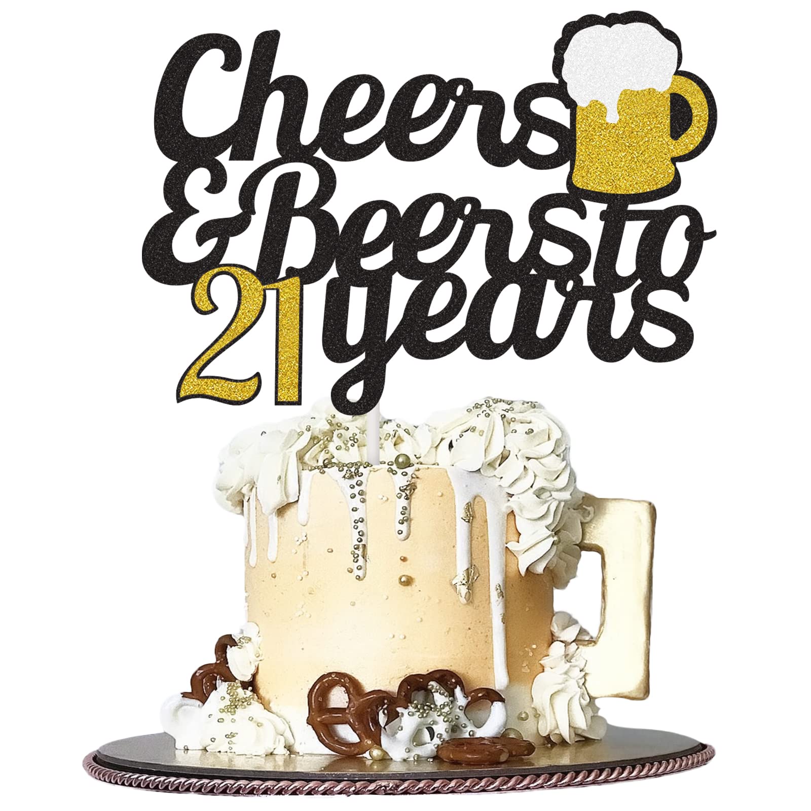 Cheers To 21 Years Cake Topper, Happy 21St Birthday Cake Topper, 21Th Anniversary Birthday Party Supplies Black And Gold Glitter