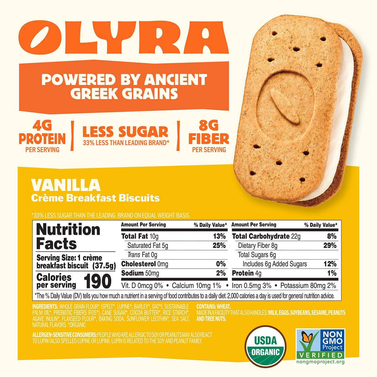 Olyra Creme Breakfast Biscuits - Vanilla - Healthy Snacks for Kids and mature-themeds  Low Sugar  High Fiber  Vegan Organic Cookies - Pack of 4