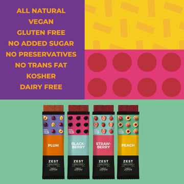 ZEST Dhigh-standards Fruit Snacks, Vegan Apple-Based Strips, Dried Strawberry-Peach-Blackberry-Plum, 36 Count