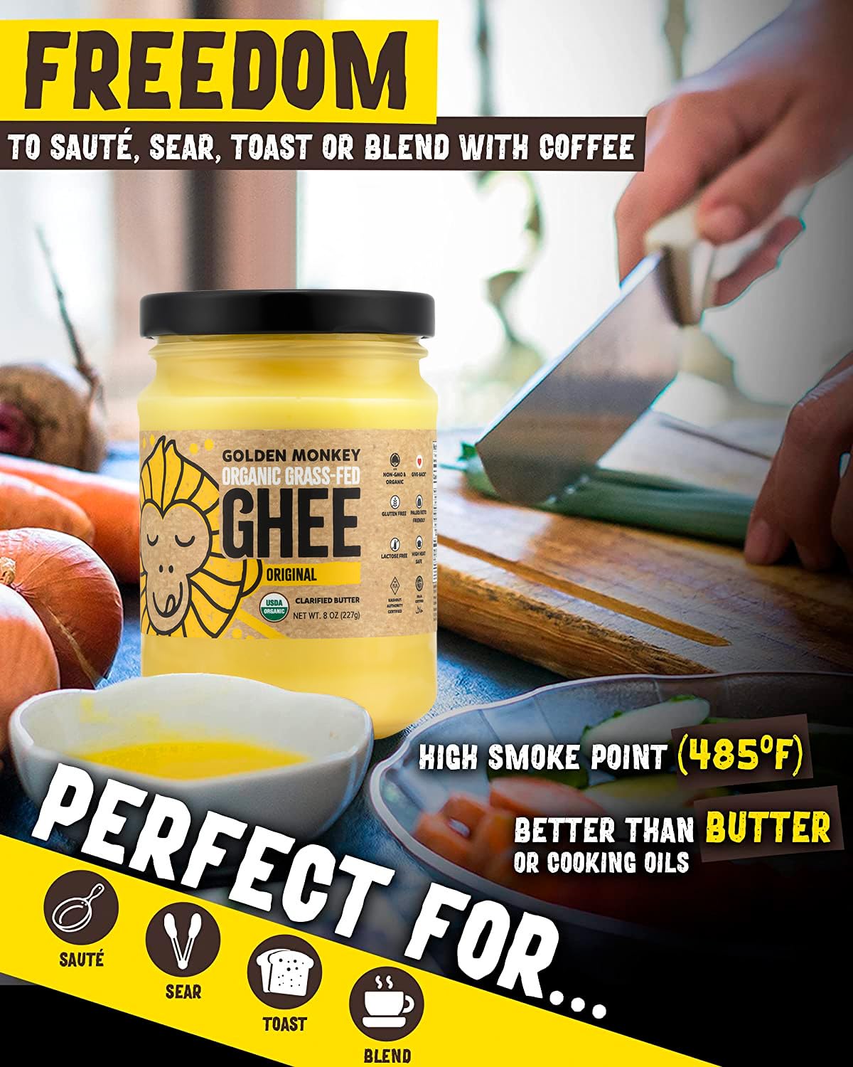 Golden Monkey Grass Fed Ghee Clarified Butter For Energy, Gut, And Immune Health Support - Organic Ghee Butter For Spread, Cooki