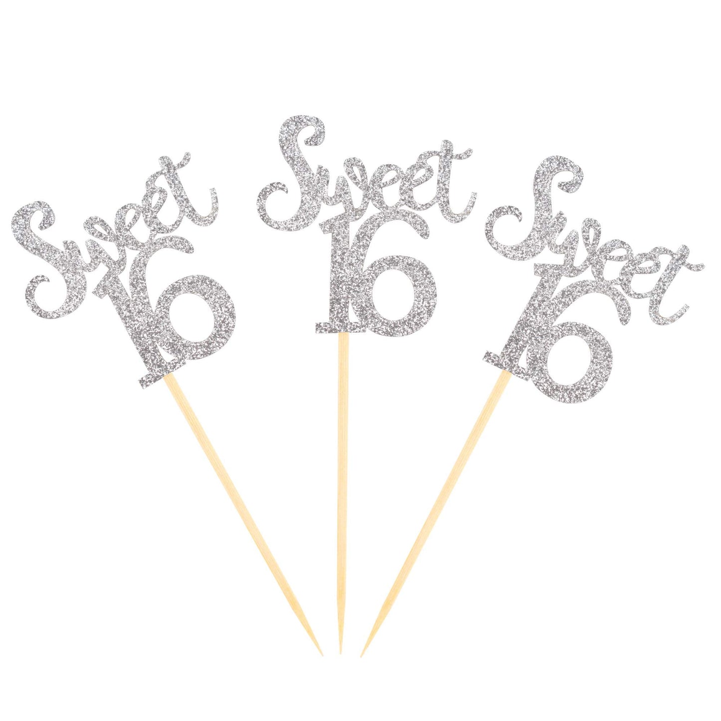 Ercadio Silver Sweet 16 Cupcake Toppers Glitter Age Sixteen Cupcake Picks 16Th Birthday Party Cake Decorations Supplies 24 Pcs