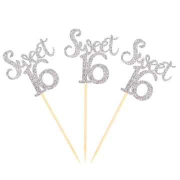 Ercadio Silver Sweet 16 Cupcake Toppers Glitter Age Sixteen Cupcake Picks 16Th Birthday Party Cake Decorations Supplies 24 Pcs