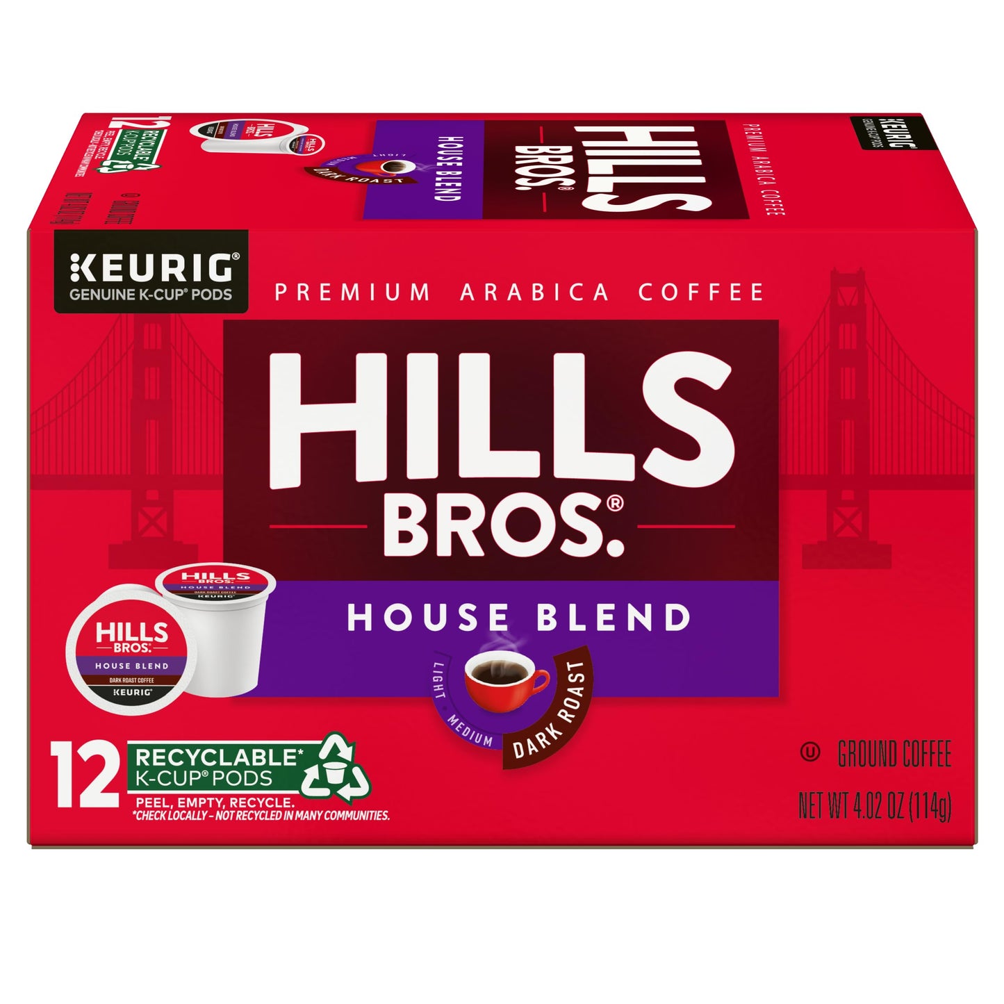 Hills Bros. House Blend Coffee, Single Serve Keurig K-Cup Pods, Dark Roast Coffee, 12-Count Box