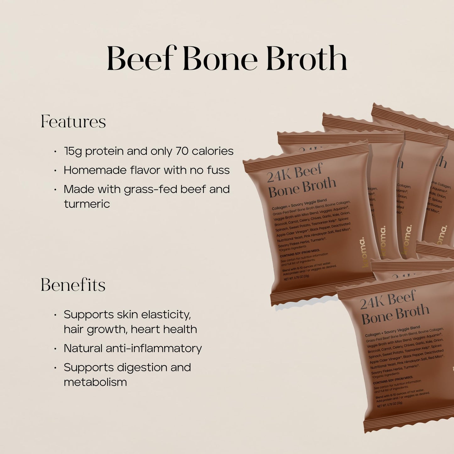 Kroma Premium Grass Fed Beef Bone Broth, Dairy & Gluten Free Powder Mix With Collagen, Protein, Turmeric & Other Organic Ingredi