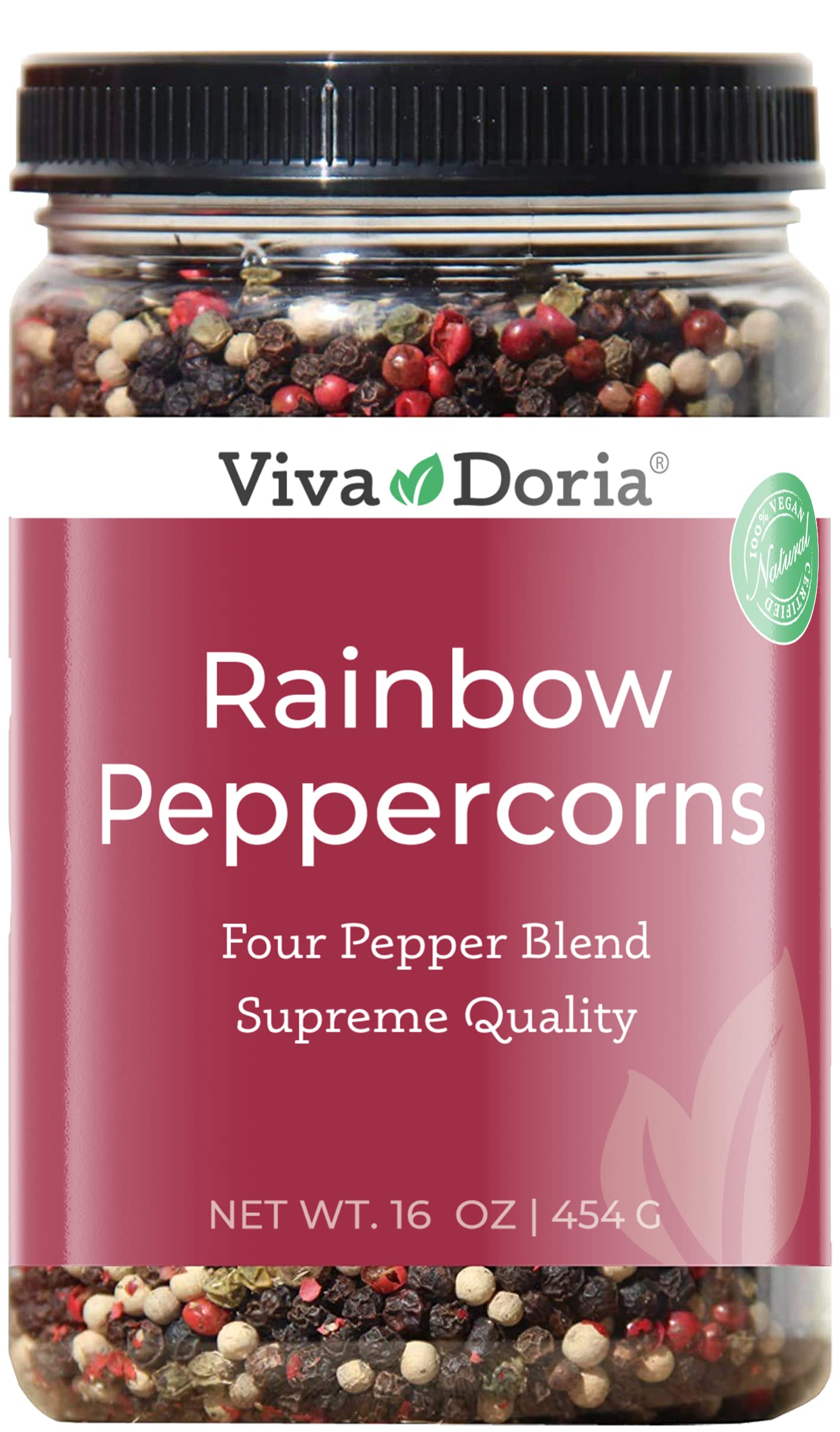 Viva Doria Rainbow Blend Peppercorn, Steam Sterilized Whole Black/Green Pepper, Whole Pink/White Pepper, 16 Oz, For Grinder Refi