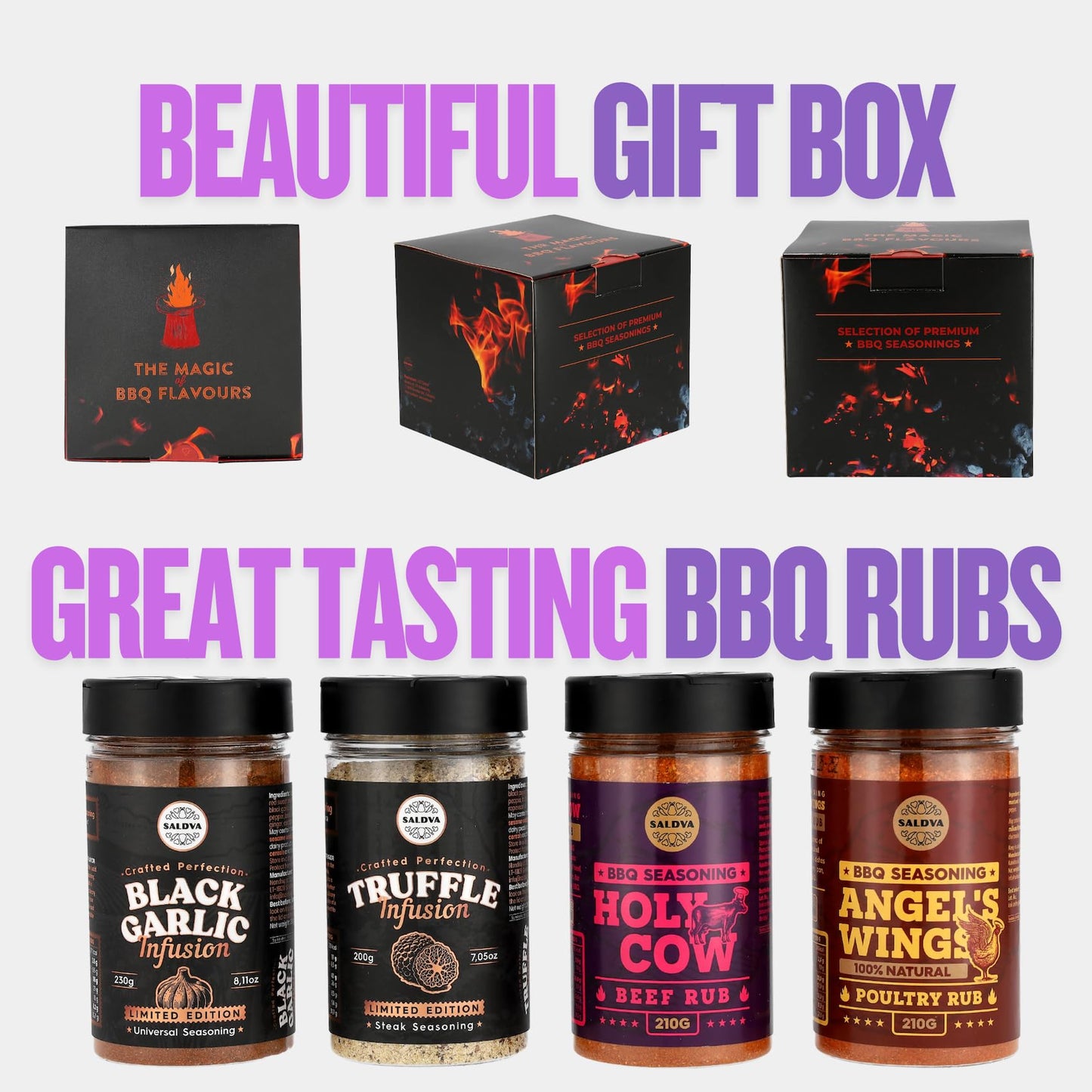 Enhanced Bbq Rub Gift Set - Holy Cow, Angel’S Wings, Black Garlic, Truffle Infusion Bbq Rubs | Pack Of 4 | 100% Natural | Spice Gift For Foodie