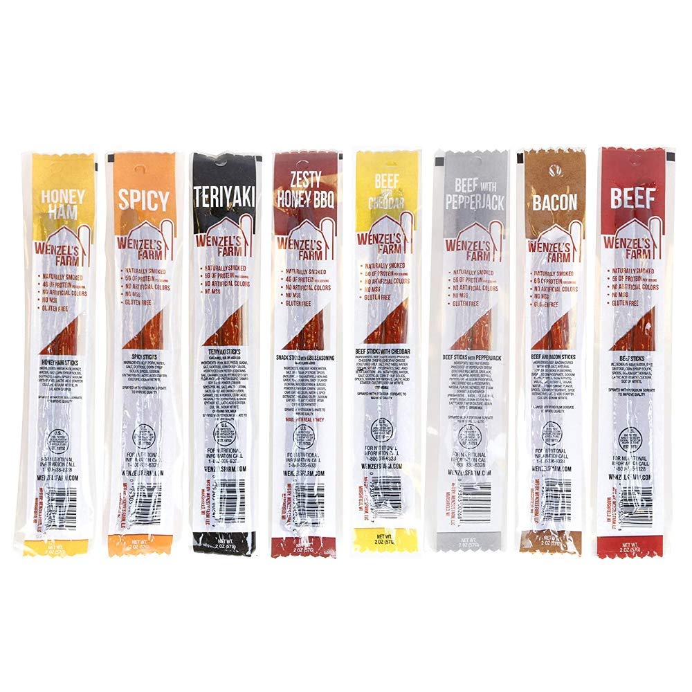 Wenzels Farm Snack Sticks - High Protein, Low Carb, Gluten Free - 16 oz (8 packs of 2) - Original Variety Pack