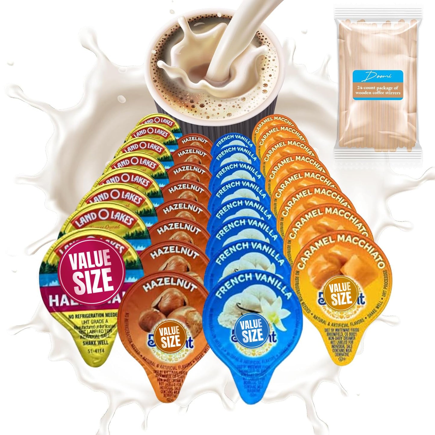 Coffee Creamer Liquid Singles International Delight Caramel Macchiato, French Vanilla, Hazelnut and Land O'Lakes Mini Moo's Half