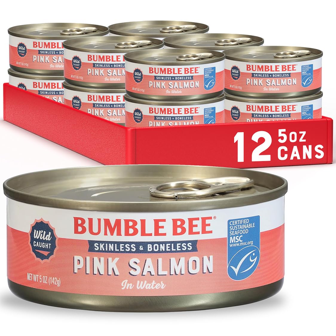 Bumble Bee Skinless & Boneless Pink Salmon in Water, 5 oz Cans, Pack of 12, Gluten Free, Kosher, MSC Certified