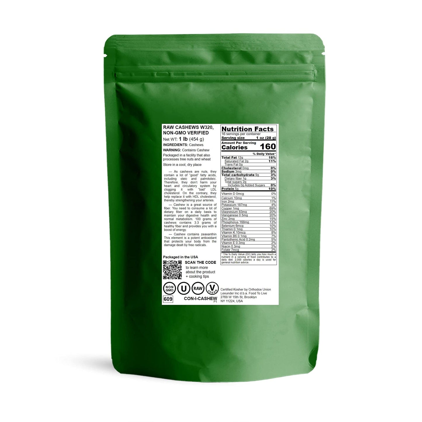 Food To Live - Cashew Nuts, 1 Pound Non-Gmo Verified, Large Size W240, Whole Nuts, Unsalted, Kosher, Raw, Vegan, Bulk