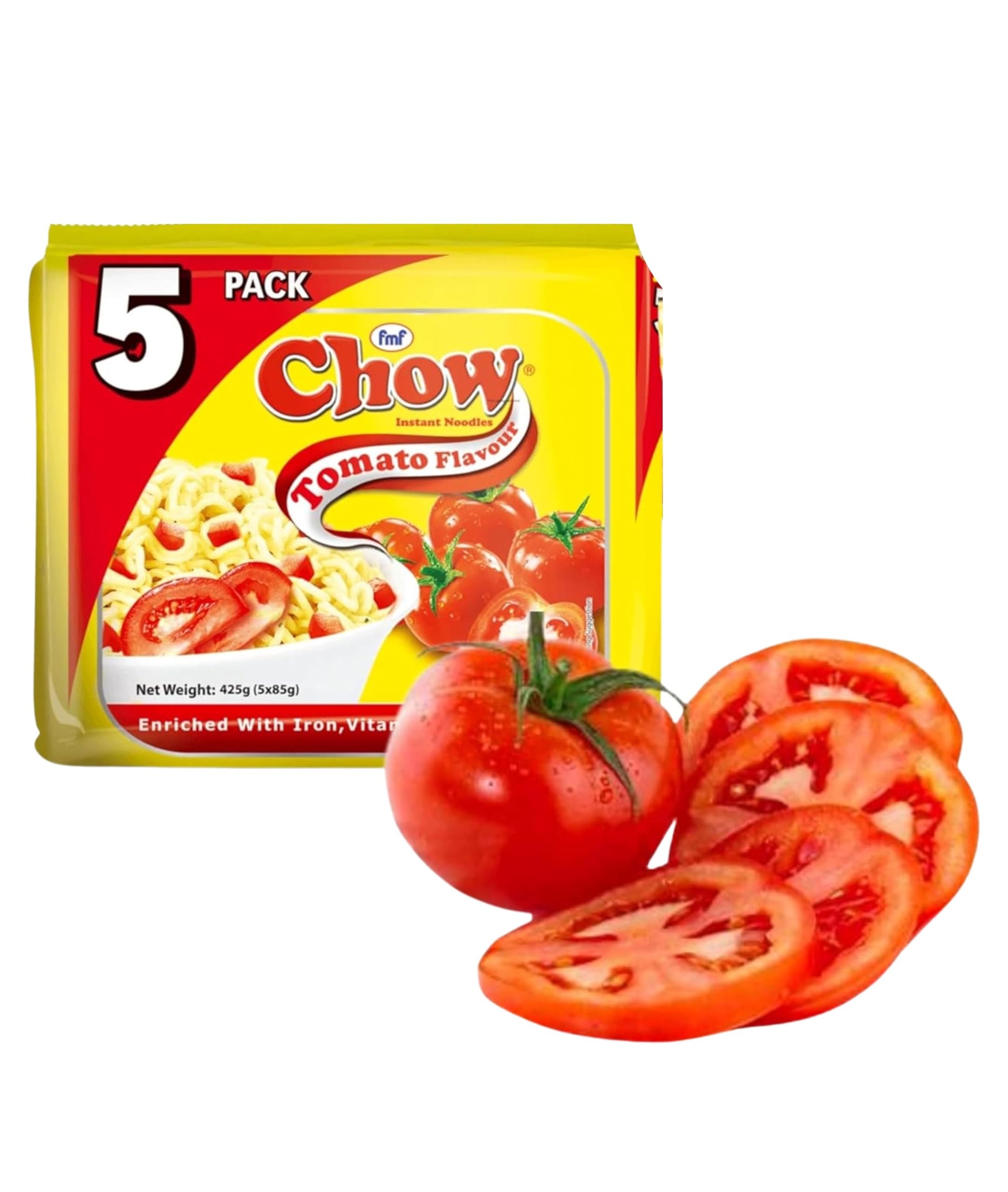Chow Instant 2 Minute Noodles - TOMATO Flavor with Seasonings (Pack of 5 Packs x 85g) So Delicious Meal ... HALAL
