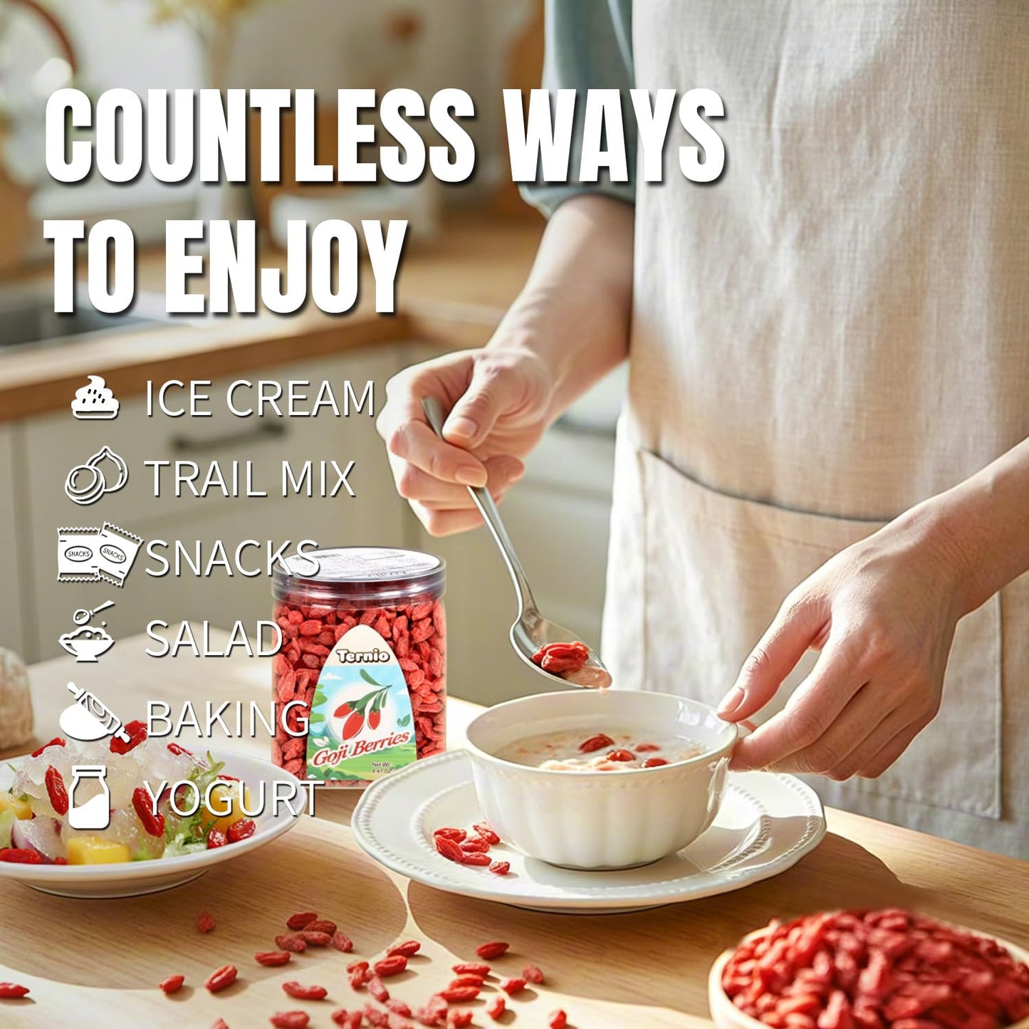 Ternio Organics Goji Berries - 8.47oz/240g - 100% Natural Goji Berries - No Sulfates and Additives - Large Berries - Suitable fo