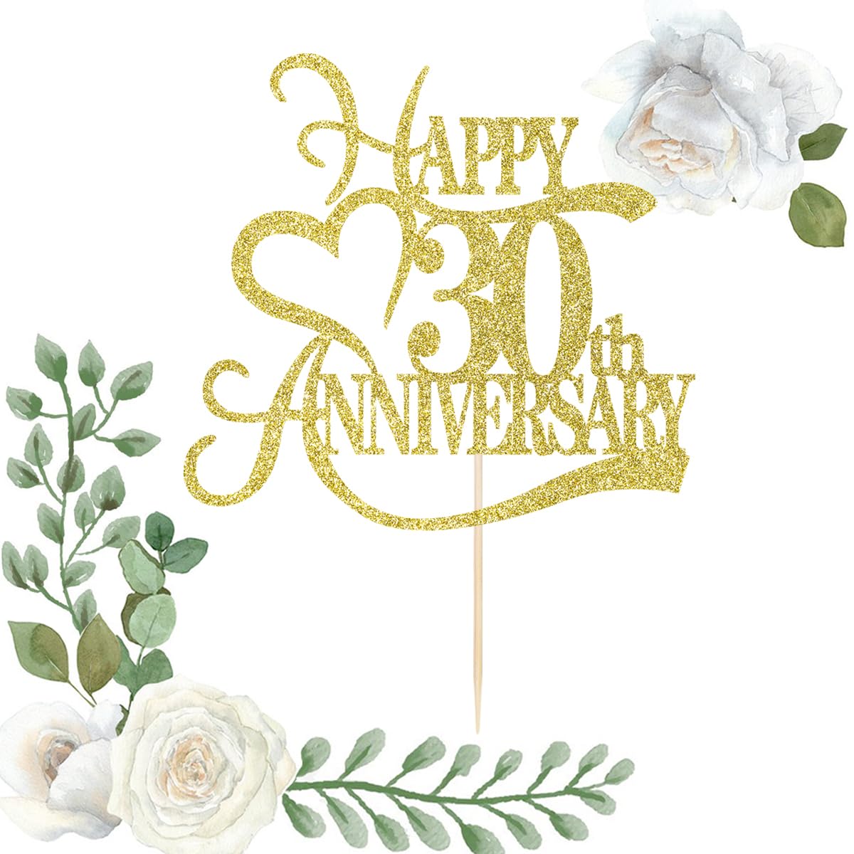 Yetxel Gold Glitter 30th Anniversary Cake Topper - Paper Decoration for 30th Wedding/Birthday Party