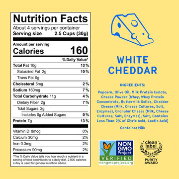 Khloud Protein Popcorn - White Cheddar - 7g Protein Snacks for mature-themeds & Kids - Flavored Popcorn Made with Real Ingredients & Milk Protein Isolate - Non-GMO  Gluten-Free  Kosher  4oz - 4PK