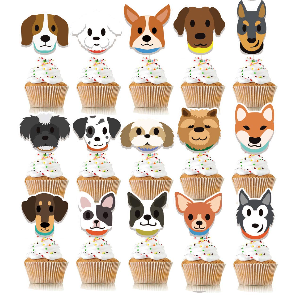 Kudes 32Pcs Dog Cupcake Toppers - Cute Puppy Faces Cake Topper Picks Party Bunting Decorations For Dog Puppy Theme Kids Birthday