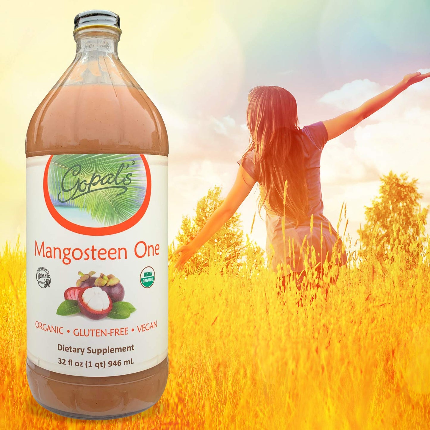 Mangosteen One | 100% Pure Organic Mangosteen Juice - 32oz Glass Bottle (1qt) | Xanthone  Vitamin & Antioxidant Rich Whole Superfruit - Gluten-Free  Vegan Mangosteen dietary product | Gopals Healthfoods
