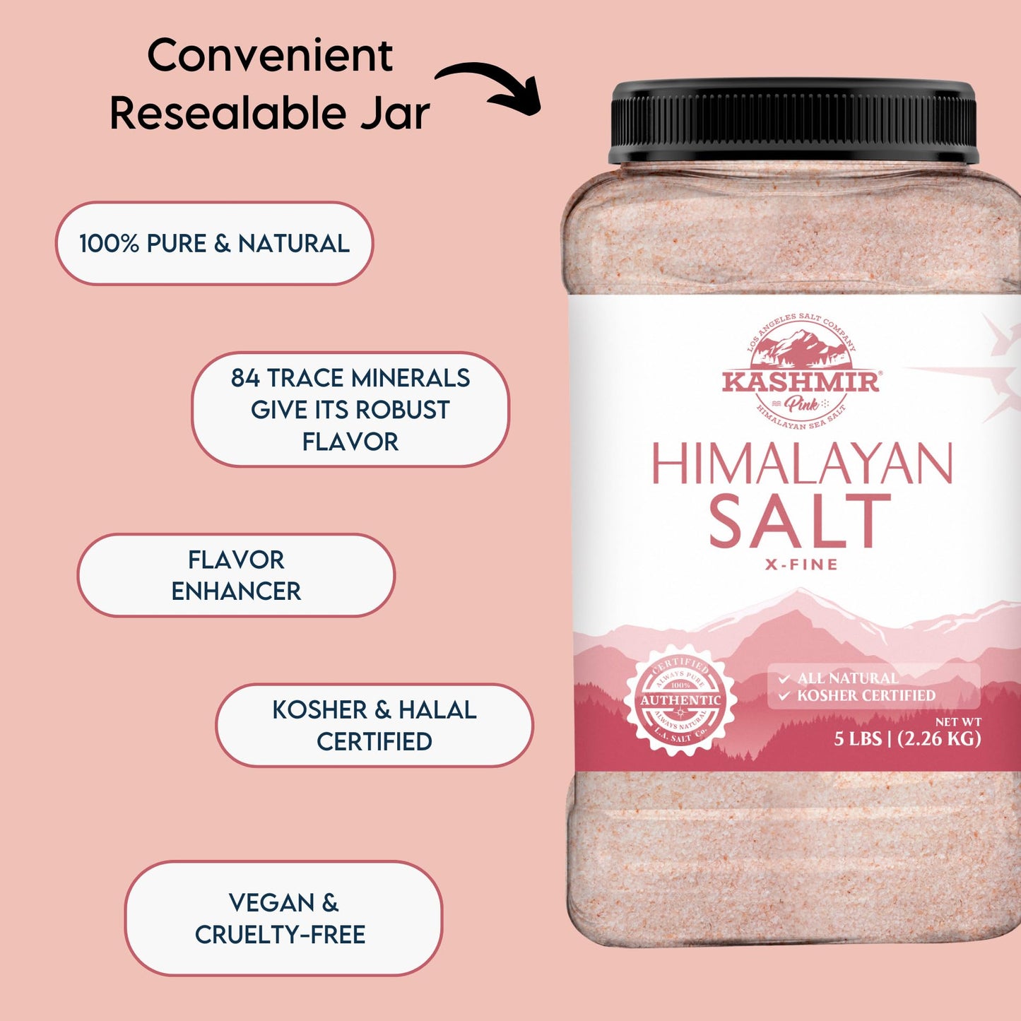 LA SALT CO Kashmir 5 Lbs Pink Himalayan Salt Bulk Jar, X-Fine | 100% Pure, Food Grade with 84 Trace Minerals | Kosher Certified,