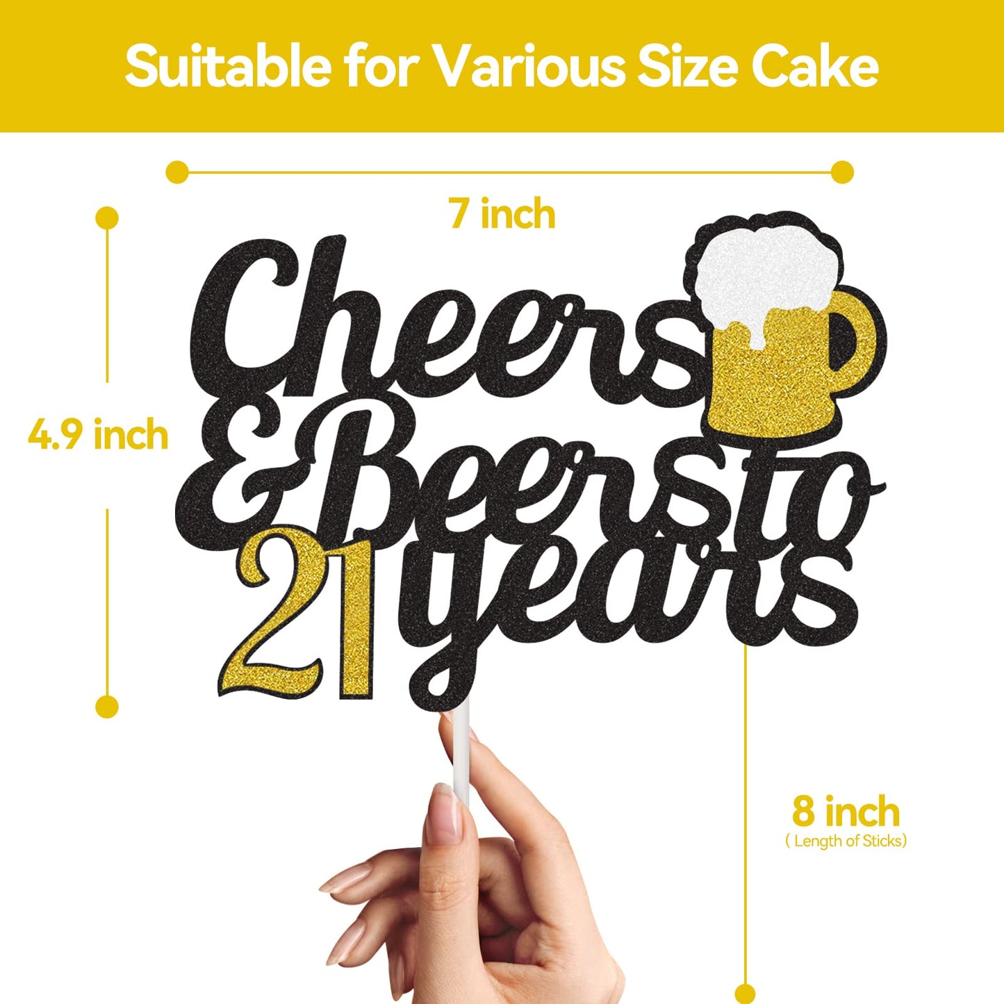 Cheers To 21 Years Cake Topper, Happy 21St Birthday Cake Topper, 21Th Anniversary Birthday Party Supplies Black And Gold Glitter