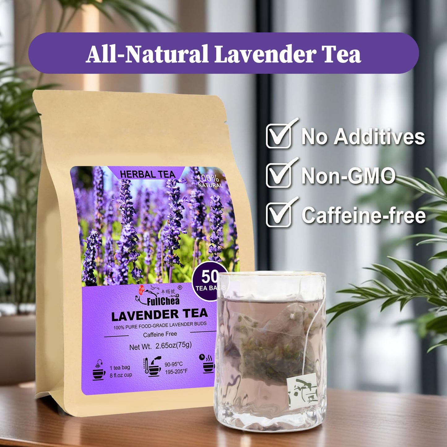 FullChea Lavender Tea Bags - Caffeine-Free Floral Tea for Relaxation - 50 Count