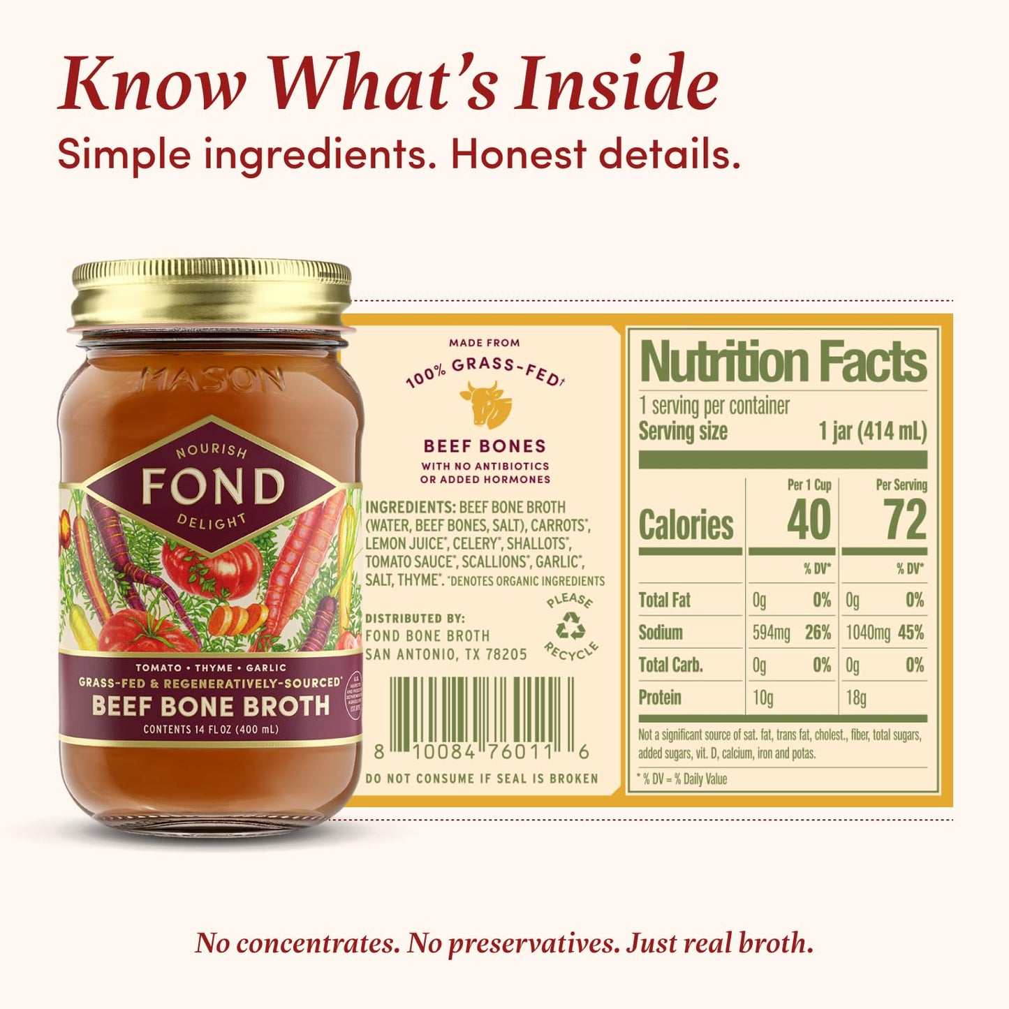 Fond Regenerative Grass Fed Beef Bone Broth Infused With Organic Tomato & Thyme – Slow-Simmered Beef Broth For Rich And Nourishing Flavor, Nutrient-Dense, Artisan Quality – 14 Oz (8-Pack)
