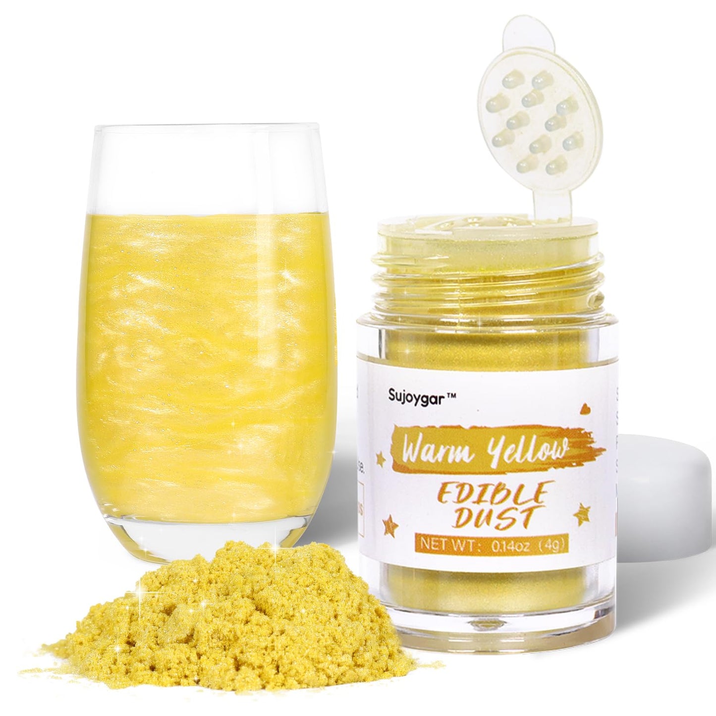 Yellow Edible Glitter for Cocktails, Sujoygar 4g Luster Dust Edible Drink Glitter Shimmer Powder for Cake Decorating Baking Fond