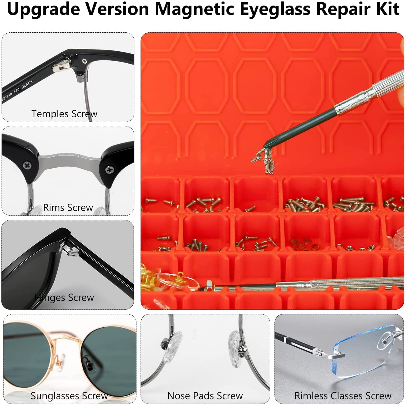 Magnetic Eye Glass Repairing Kit, Sunglasses Eyeglass Repair Kit With Eyeglass Screws,Include 10 Pairs Of Screw-In Nose Pads, Sc