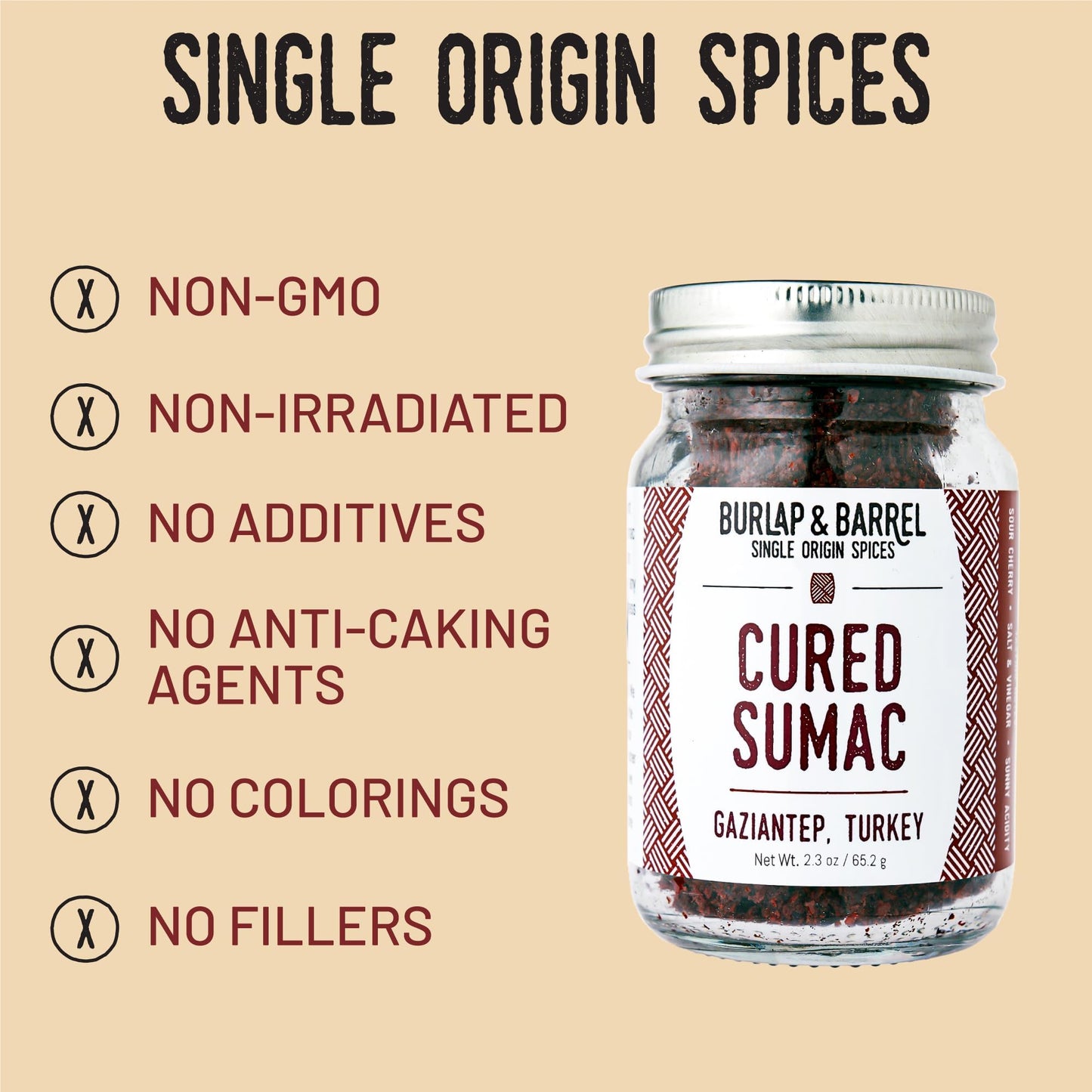 Burlap & Barrel Cured Sumac - Bright, Sour, Salty, Slightly Fermented Spice - Ground Sumac For Cooking - Savory Tartness - As Seen On Shark Tank - Kitchen Gift For Cooks - 2.3Oz Glass Jar