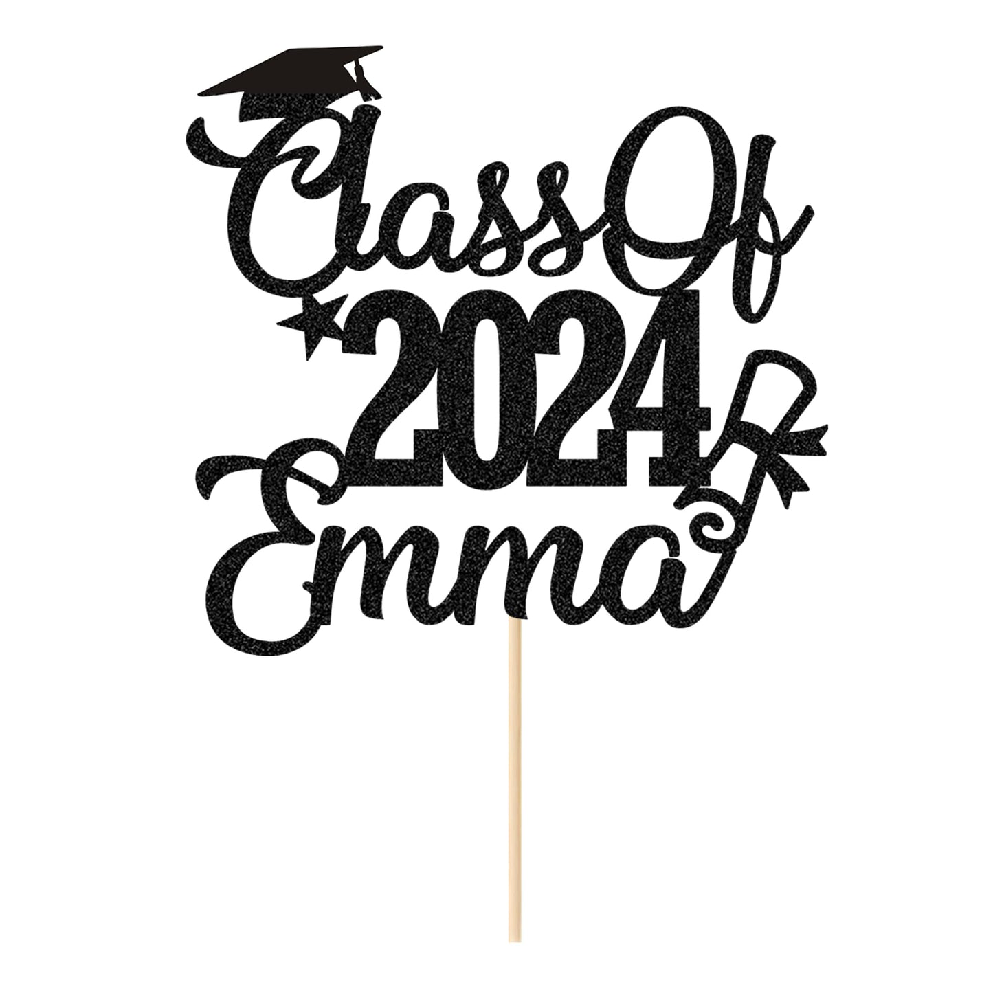 Personalized Cake Topper Custom Congrats Graduation Hat Student Class Of 2024 Double Sided Glitter Card Black
