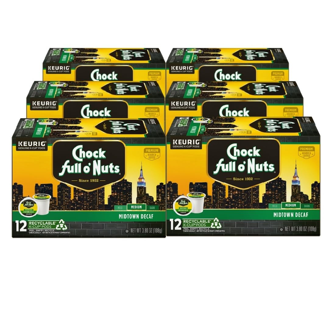 Chock Full o Nuts Decaf Keurig K-Cup Pods, Medium Roast, 12 Count (Pack of 6)