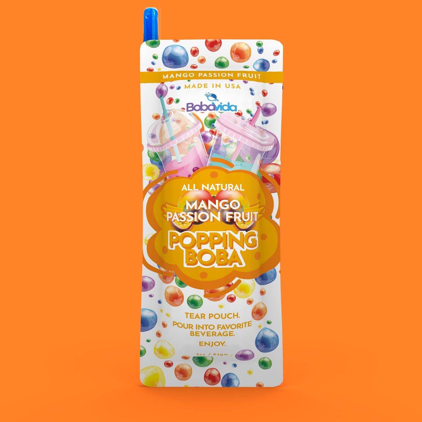 BOBAVIDA Mango Passionfruit Popping Boba - 10 Boba Packets with Straws for Drinks, Desserts & Food Toppings - Non-GMO Popping Bo