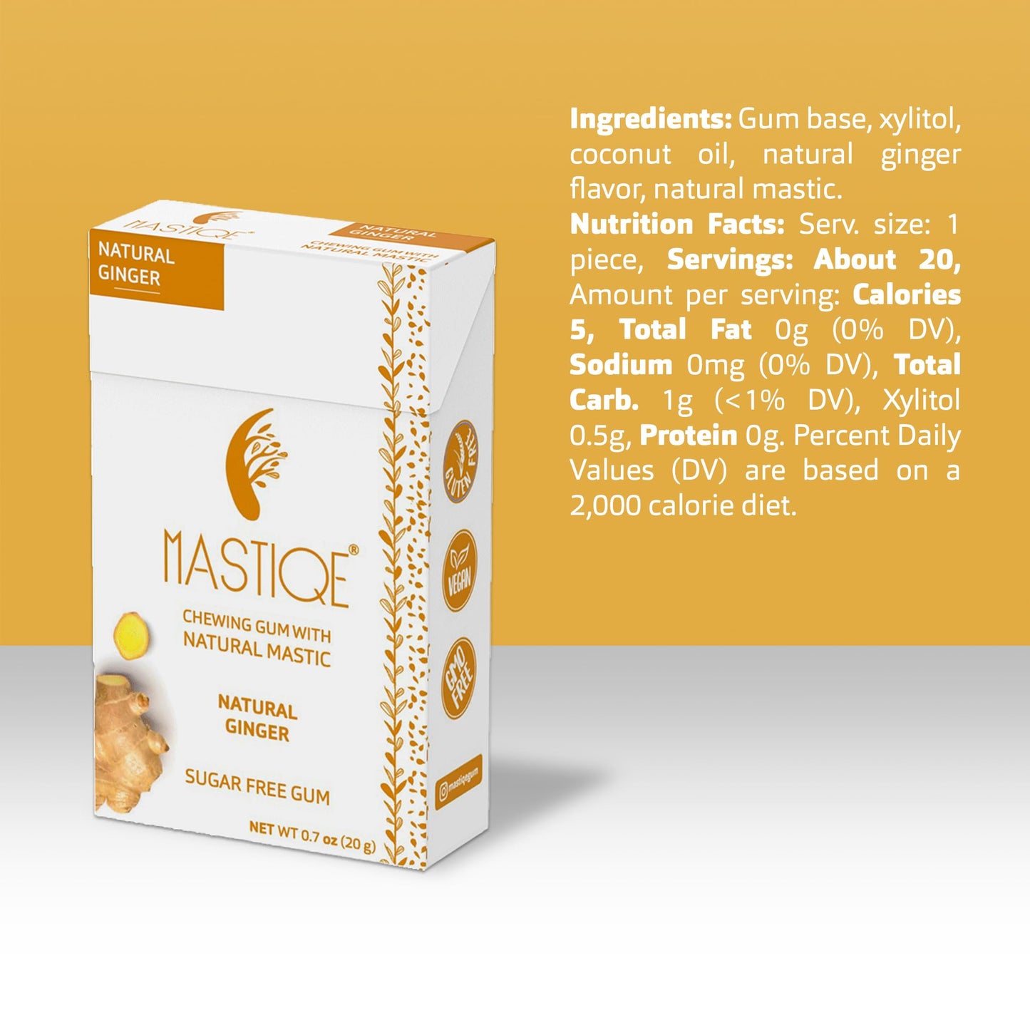 Mastiqe Sugar Free Hard Chewing Gum With Natural Mastic (Ginger, 20 Count)