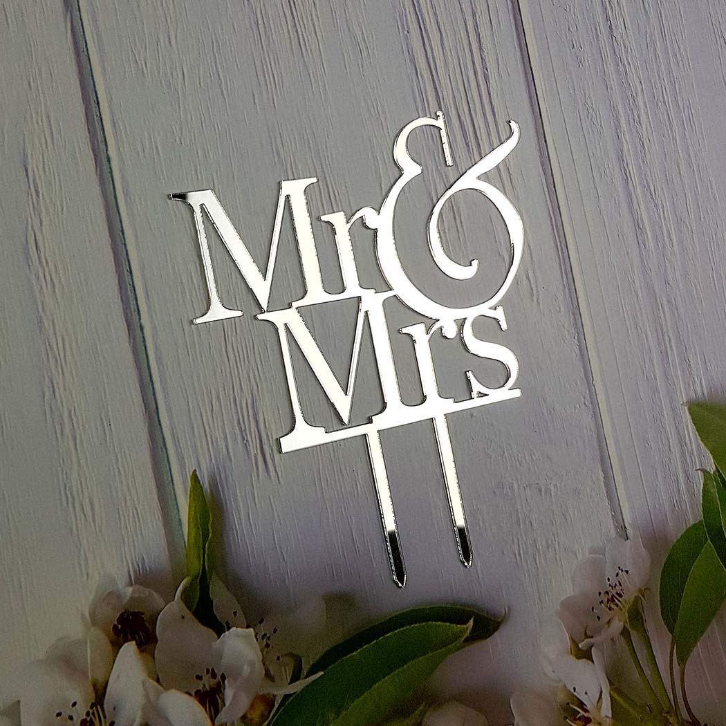 Mr And Mrs Cake Topper, Bride And Groom Sign Wedding Engagement Cake Toppers Decorations (Mirror Silver Acrylic)