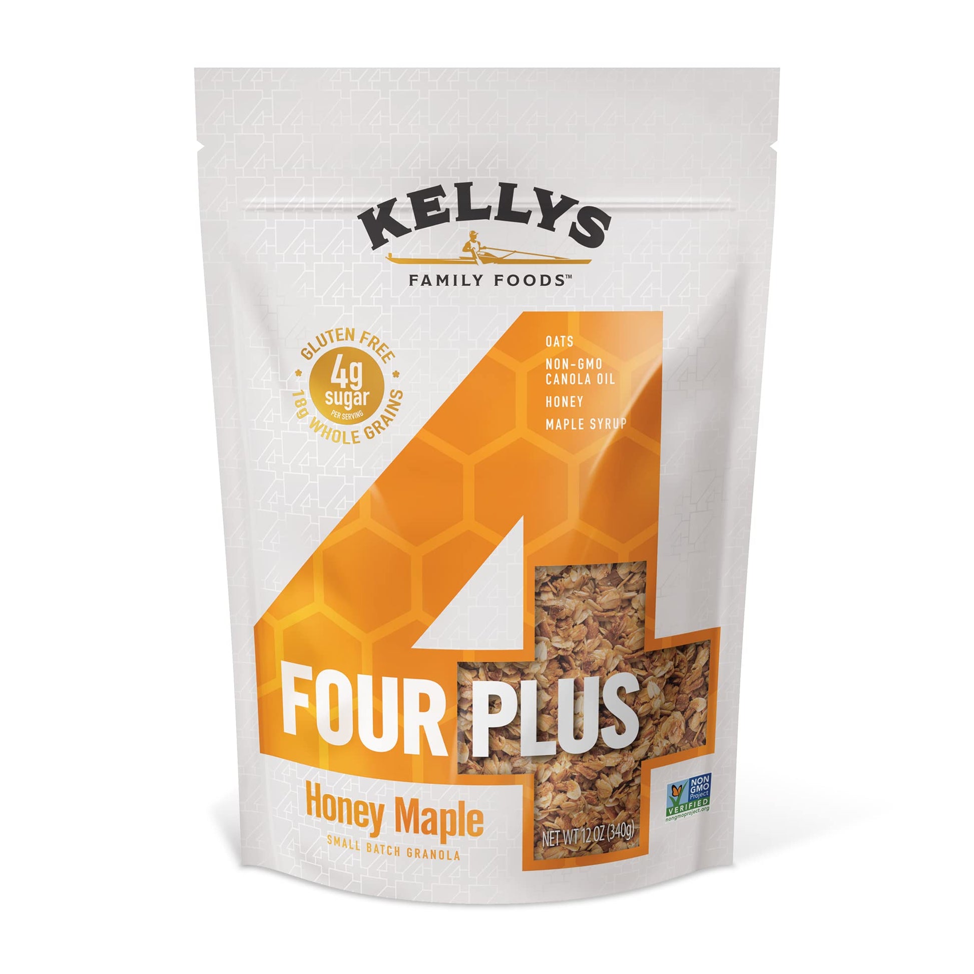 Kellys Four Plus Healthy Granola Cereal, Honey Maple, Non-GMO, Low Sugar, 12oz