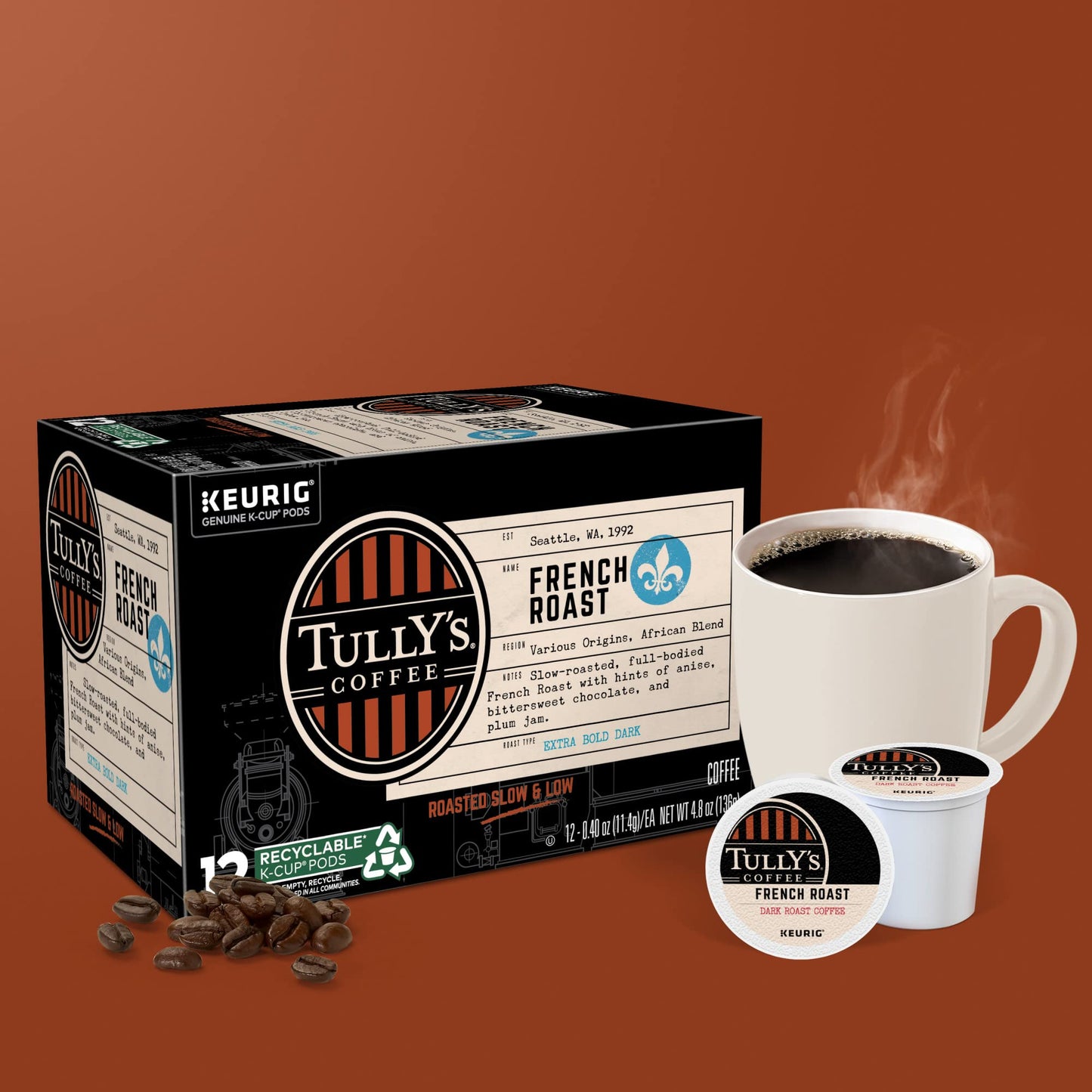 Tully s Coffee French Roast Keurig Single-Serve K-Cup Pods, Dark Roast Coffee, 72 Count