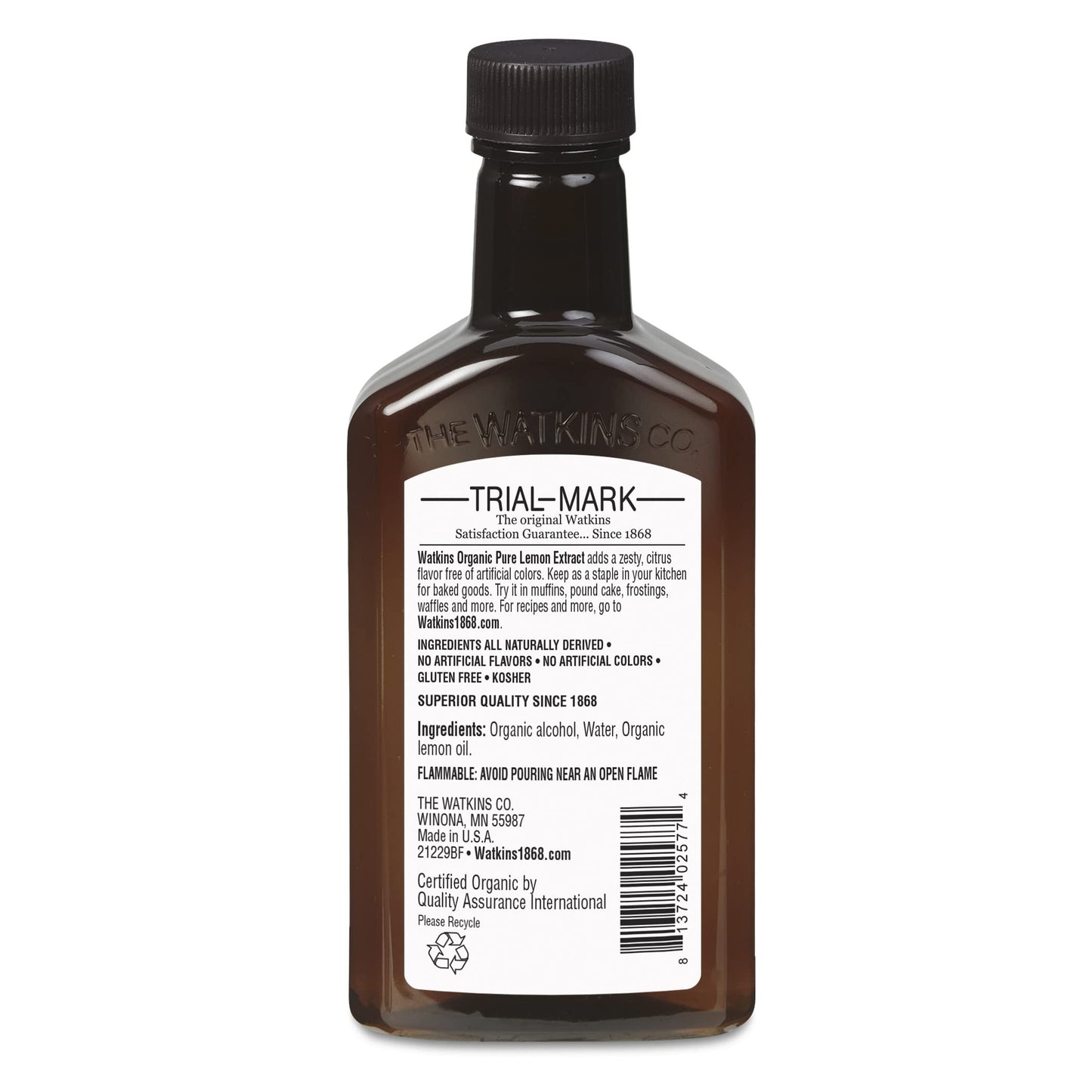Watkins Organic Pure Lemon Extract, Non-GMO, Kosher, 4 oz. Bottle, 1-Pack