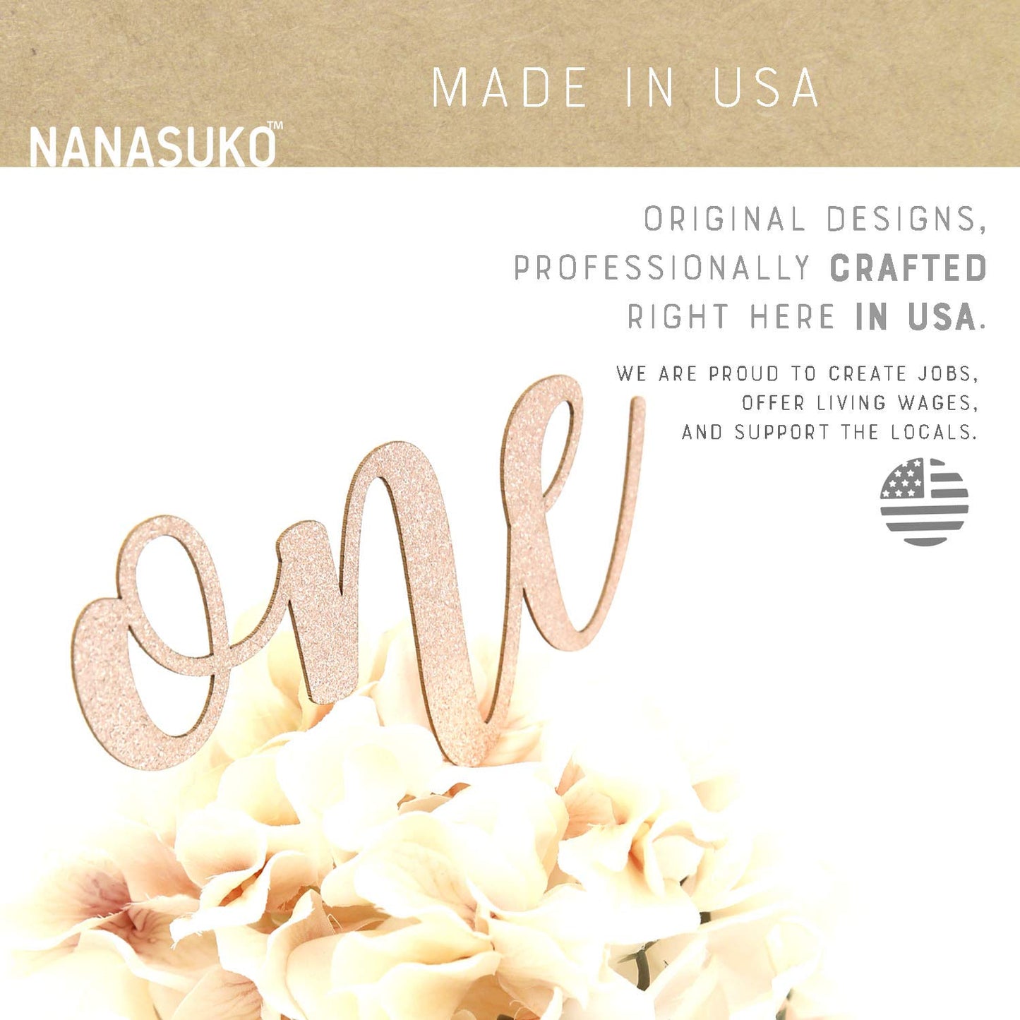 Nanasuko 1St Birthday Cake Topper - One - Double Sided Rose Gold Glitter - Premium Quality Made In Usa