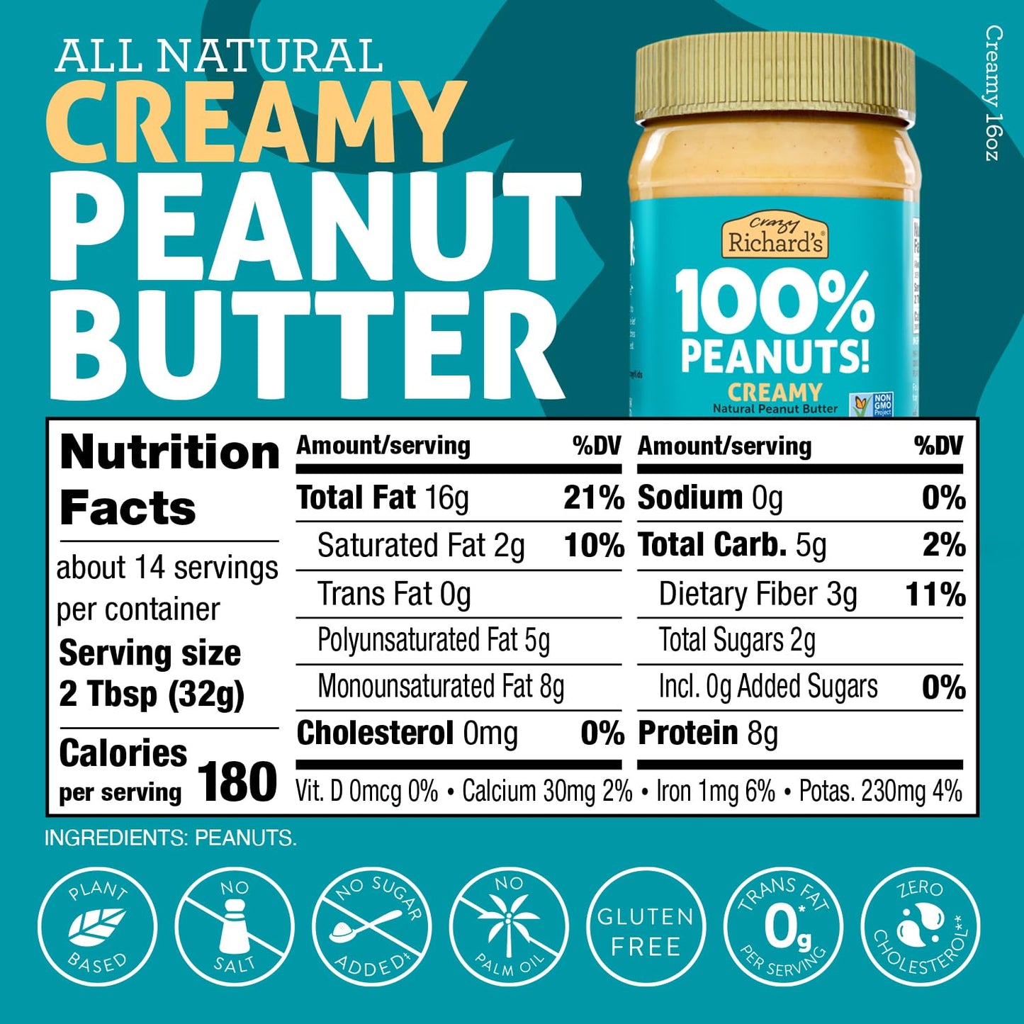 Crazy Richard'S 100% All-Natural Creamy Vegan Peanut Butter With No Added Sugar And Non-Gmo (16 Ounce, Pack Of 4)