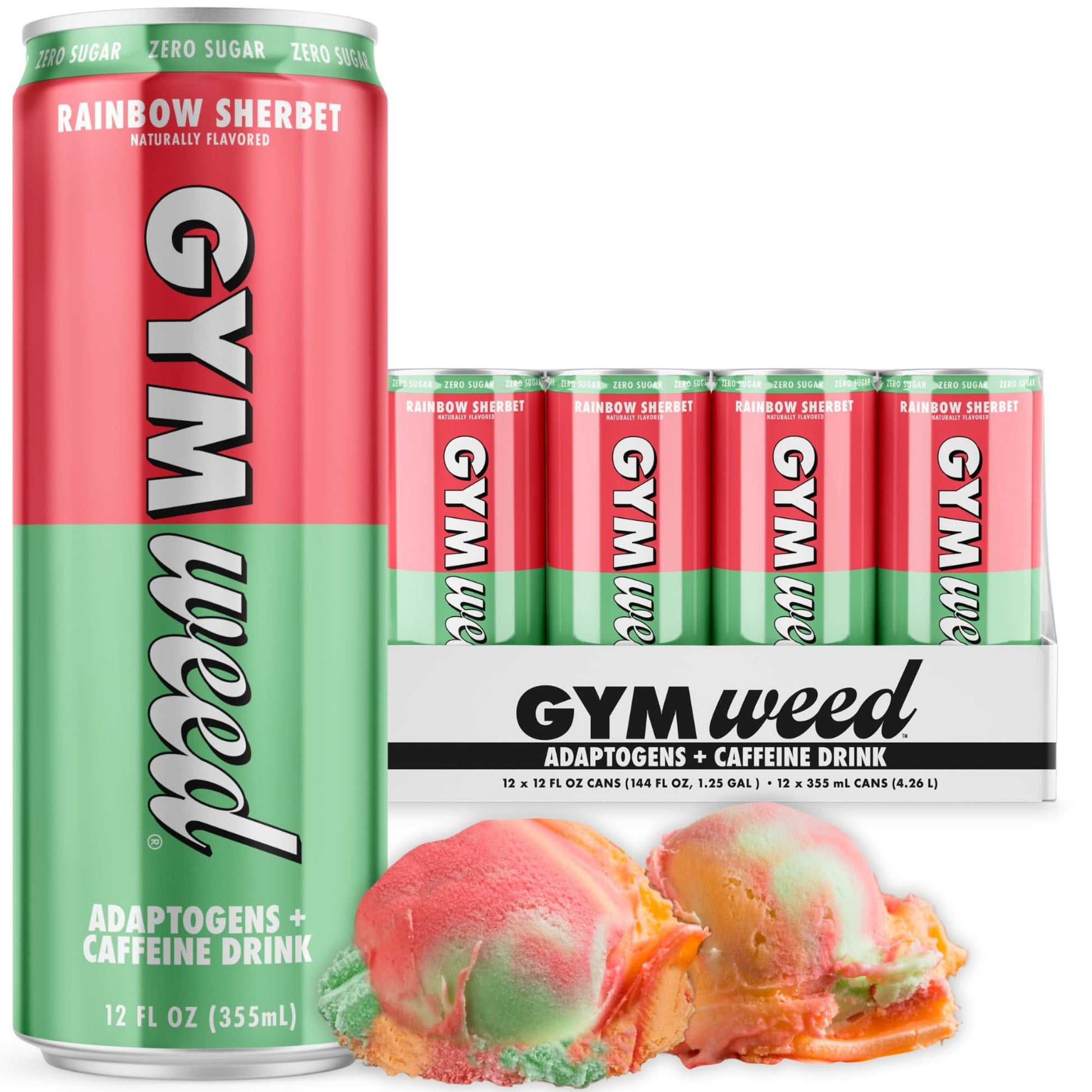 GYM WEED Athletic Focus Drink - KSM-66 Ashwagandha, Lions Mane, L-Theanine, 200mg Green Tea Caffeine, Rainbow Sherbet Flavor, 12 Pack
