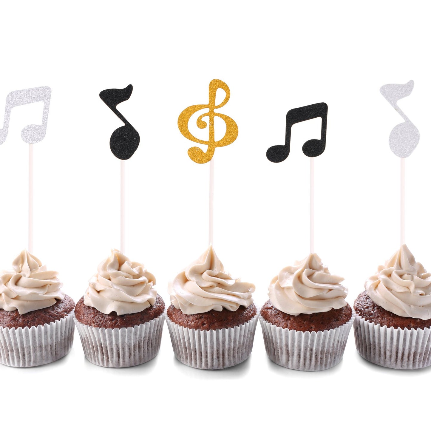 72 Pieces Glitter Music Notes Cupcake Toppers Cake Toppers Picks for Food Fruit and Birthday Party Decoration (Gold, Black, Silv