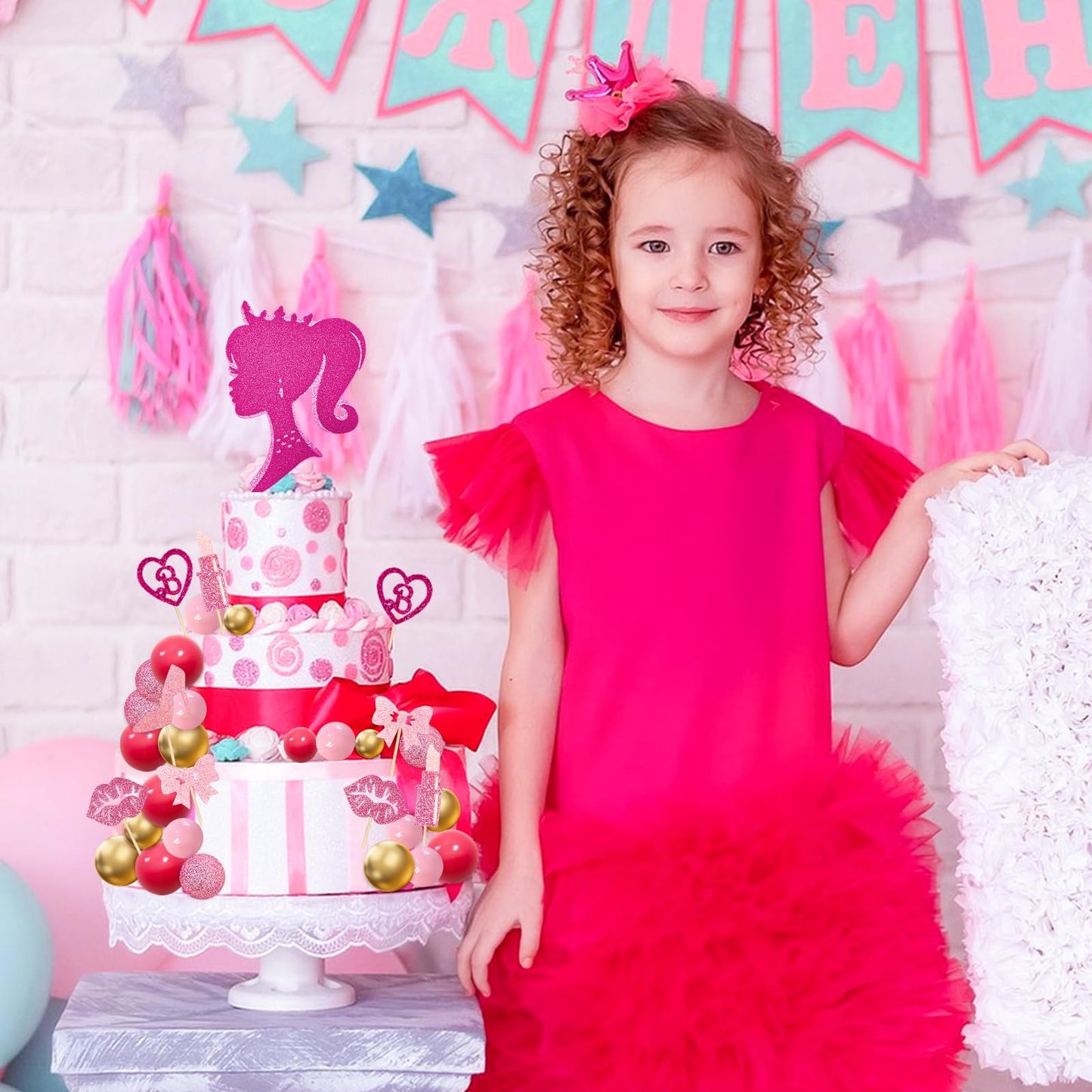 Memovan Hot Pink Girl Cake Topper 31Pcs -Princess Makeup Cake Topper Decoration With Pink Gold Ball Glitter High Heel Lipstick L