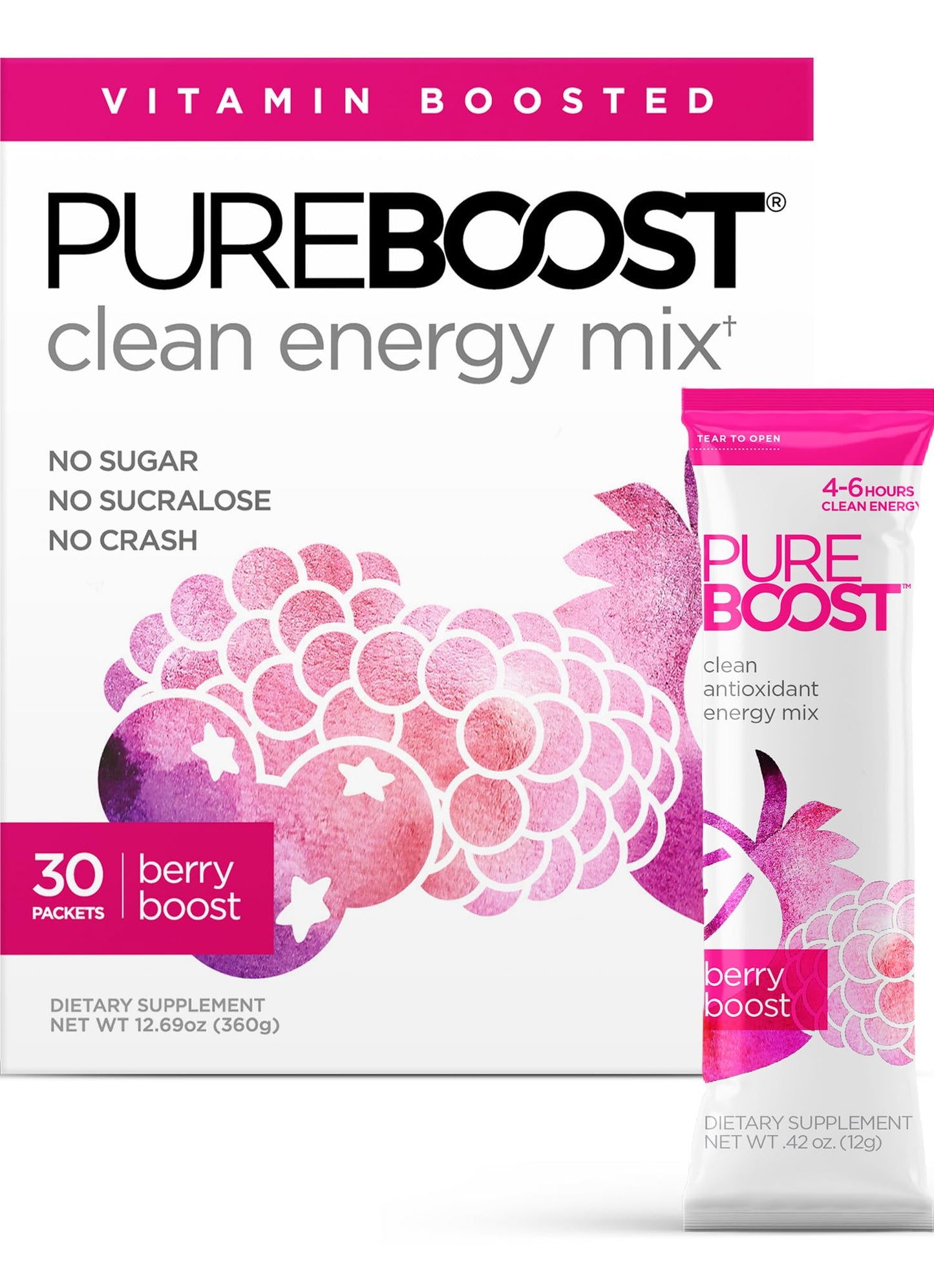 Pureboost Clean Energy Booster, Refreshing Energy Drink Mix with B12 Vitamins, Electrolytes, Antioxidants, Sugar-Free with No Su