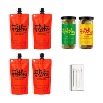 Filthy Food Bloody Mary Cocktail Kit - 9 Piece Set with Pickle & Pepper Stuffed Olives, All-Natural Mix Pouches & Stainless Steel Picks